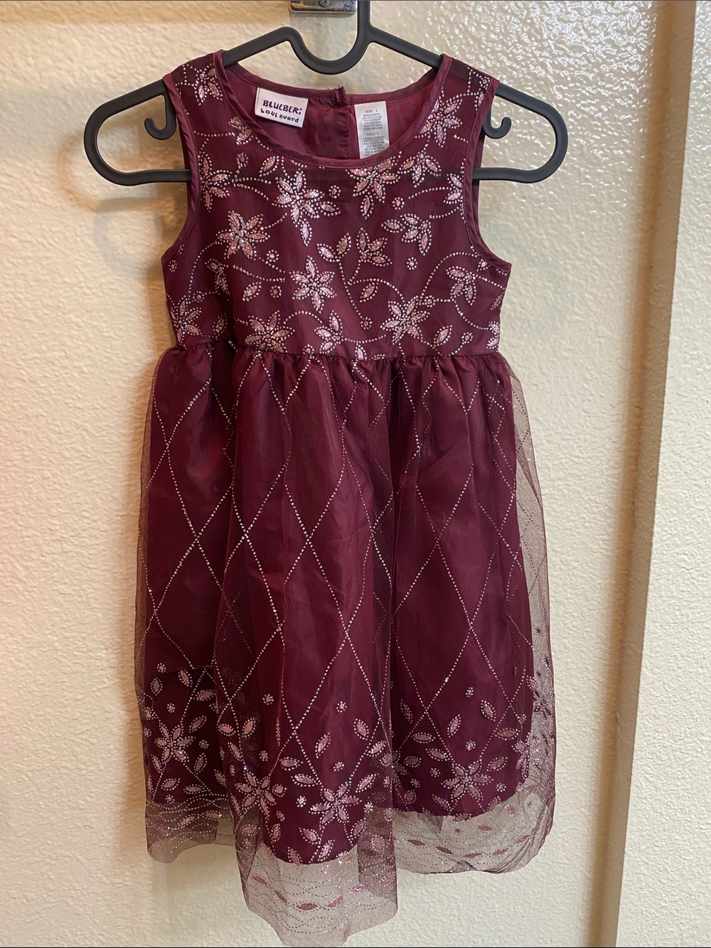 Blueberi Boulevard Girls' Maroon Floral Tulle Party Dress